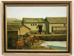Chinese School, Northern Chinese Village, Oil on board