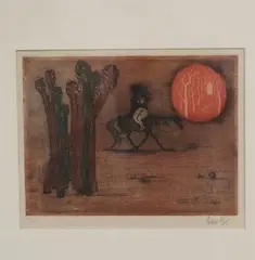 Lars Bo, Couple on Horseback in Landscape, Color etching