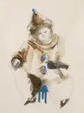 American School, Clown on a Blue Stool, Mixed media on paper (pencil, crayon, watercolor)