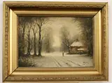 Winter Scene with lonely Figure by American School, Oil on board, sold Apr 2024