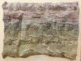Ardyth Gray Trimmer Davis, Wave Sequence 2, Pleated fabric sculpture, shaded lavender to muted green. - Acrylic box frame, 31 in. x 39 3/4 in. x 4 5/8 in