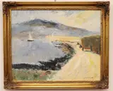 Guy Carleton Wiggins, Sailboat in Cove, circa 1948, Oil on board
