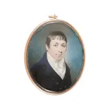 John Thomas Barber Beaumont, Fsa, Fgs, A portrait miniature of Sir Walter Scott, 1st Baronet (1771–1832), wearing dark blue coat, white waistcoat, frilled chemise, stock and tied cravat.