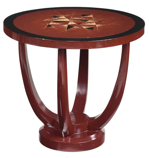 Alexandre Noll, Lacquered Art Deco Table, circa 1920s, burgundy lacquered top with ebonized banding centering geometric design