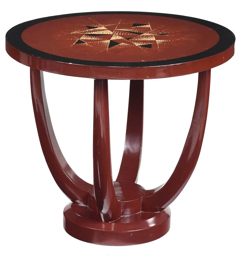 Alexandre Noll, Lacquered Art Deco Table, circa 1920s, burgundy lacquered top with ebonized banding centering geometric design