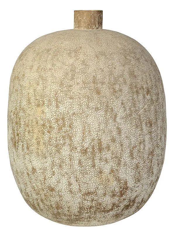 Ceramic Vessel by Claude Conover, matte cream slip and impressed circular decoration over entire rounded body, sold Nov 2018