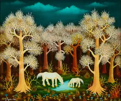 Ivan Generalić, Weiße Pferde unter weißen Bäumen, 1981, Öl auf Holz