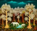 Ivan Generalić, Weiße Pferde unter weißen Bäumen, 1981, Öl auf Holz