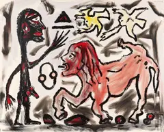 Willst du oder willst Du nicht by A. R. Penck, 1990, Acryl und Serigrafie auf Leinwand, sold Nov 2023