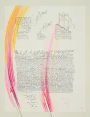 Mary Bauermeister, The Art Investment Report 1973, 2011, Farbstift über Serigrafie auf Velin in Rahmen. Auf Rahmen zwei Stifte aus Holz montiert und partiell farbig gefasst