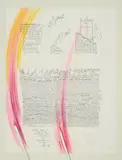 Mary Bauermeister, The Art Investment Report 1973, 2011, Farbstift über Serigrafie auf Velin in Rahmen. Auf Rahmen zwei Stifte aus Holz montiert und partiell farbig gefasst