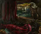 Albrecht Gehse, Fischstilleben mit Adler, 1992, Öl auf Karton