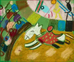 Ida Kerkovius, Zirkuspferd mit Reiter in Manege, 1965, Ölkreide auf grünem Velourspapier