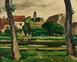 Gaston Balande, Dorfpartie mit Fluss, Öl auf Leinwand