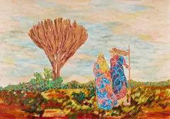 "Gespräche am Baum" by SEO, 2004, Acryl und Papiercollage auf Leinwand, sold Nov 2023
