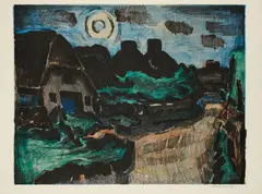 Ernst Mollenhauer, Morgen am Haff, Nächtliche Straße in Keitum, 1957, Farblithografie auf Bütten