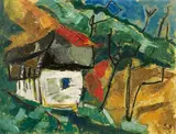 Werner Scholz, Landschaft mit rotem Haus, 1959, Öl auf Holz