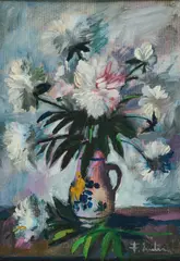 František Emler, Dahlien in einer Vase, Öl auf mit Leinen kaschierter Hartfaserplatte