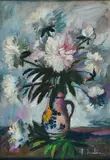 František Emler, Dahlien in einer Vase, Öl auf mit Leinen kaschierter Hartfaserplatte