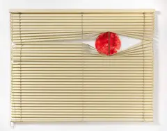 Diango Hernández, "Mother The World is Communist" (Thanks! But I Can't See The World From Here), 2007, Jalousie, Aquarell auf Aquarellpapier, Plexiglas und Holzstab