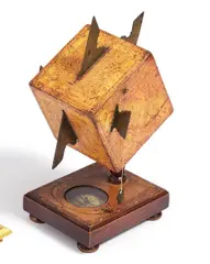 David Beringer, Würfelsonnenuhr mit Kompass, Ende 18. Jh, Holzkorpus mit Kupferstichen,  Messing, farbloses Glas, u.a