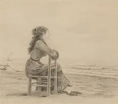 Franz Skarbina, Dame am Strand, Bleistiftzeichnung auf Papier