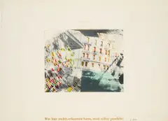 Häuserfront (Wer hier nichts erkennen kann, muß selber pendeln) by Sigmar Polke, 1973, Farboffsetlithografie auf Pergaminpapier, sold Nov 2023