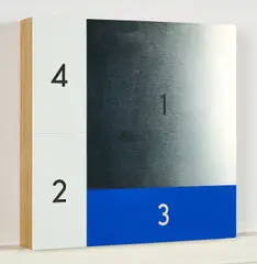 Thomas Locher, "1-4", 1998, Kunststoff, graviert und Aluminium auf Holz