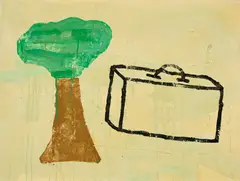 Donald Baechler, "Composition with suitcase and tree", 1987, Acryl und Textilcollage auf Leinwand