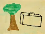 Donald Baechler, "Composition with suitcase and tree"