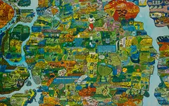 Öyvind Fahlström, Section of World Map - A Puzzle, 1973, Farbserigrafie auf Puzzle aus Vinylplatten, verso mit Magneten versehen. Auf magnetischer Metallplatte