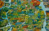 Öyvind Fahlström, Section of World Map - A Puzzle, 1973, Farbserigrafie auf Puzzle aus Vinylplatten, verso mit Magneten versehen. Auf magnetischer Metallplatte