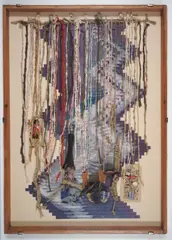 Jiří Kolář, Ohne Titel, 1969, Textilstreifen und kleine Objekte vor Farboffset-Streifen auf leichtem Karton. In Objektkasten