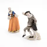 Isabella und Scaramuz aus der 'Commedia dell'Arte' by Nymphenburg, 20.Jh, Porzellan, farbig und sparsam gold dekoriert, sold May 2024