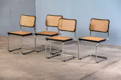 Marcel Breuer, FOUR 'CESCA' CHAIRS FOR GAVINA, Produced in Italy by Gavina featuring chrome-plated tubular steel frames, black lacquered bentwood and cane
