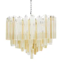 Venini, TRIEDRI CHANDELIER, Tiers of clear and amber Murano glass triedri suspended from chrome frame