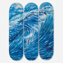 Raymond Pettibon, No Title (The bright flatness), inkjet in colors on paper over 7-ply maple wood skateboard triptych