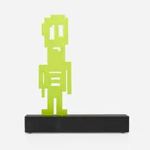 Stikman, Fugue State, 2021, powder-coated steel, stained wood base