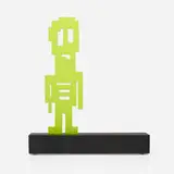 Stikman, Fugue State, 2021, powder-coated steel, stained wood base
