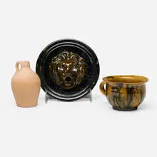 Collection of three works by George E. Ohr, 1897-1900, glazed earthenware, bisque earthenware, sold May 2025