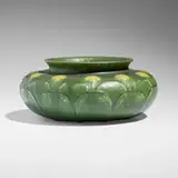 Exceptional vase with cinquefoils by Annie Lingley for Grueby Faience Company, 1904-10, glazed earthenware, sold May 2025