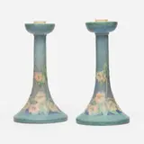 Anna Frances Simpson for Newcomb College Pottery, Candleholders with trumpet flowers, pair, 1923, glazed earthenware