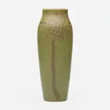 Fine vase with stylized pinecones by Arthur Baggs and Sarah Tutt for Marblehead Pottery, 1908-16, glazed earthenware, sold May 2025