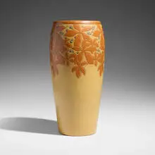 Arthur Eugene Baggs for Marblehead Pottery, Exceptional vase with Virginia creepers, 1916, carved and glazed earthenware