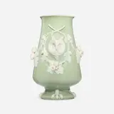 Rare vase with owls and acorns by Christopher Dresser for Minton & Co., 1890, celadon-glazed porcelain, sold May 2025