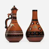 Vase and covered jug by Christopher Dresser for Watcombe Pottery Company, c. 1872, glazed earthenware, sold May 2025