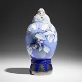 Exceptional covered vessel with pussy willow branches by Effie Hegermann-Lindencrone for Bing & Grøndahl, 1902, hand-carved and glazed porcelain, sold May 2025