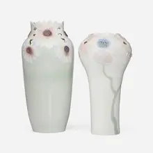 Rörstrand, Reticulated vases with daises and poppies, set of two, c. 1900, carved and glazed porcelain