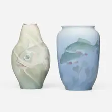Rörstrand, Vases with fish, set of two, c. 1900, carved and glazed porcelain