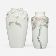 Rörstrand, Vases with wild roses, set of two, c. 1900, carved and glazed porcelain
